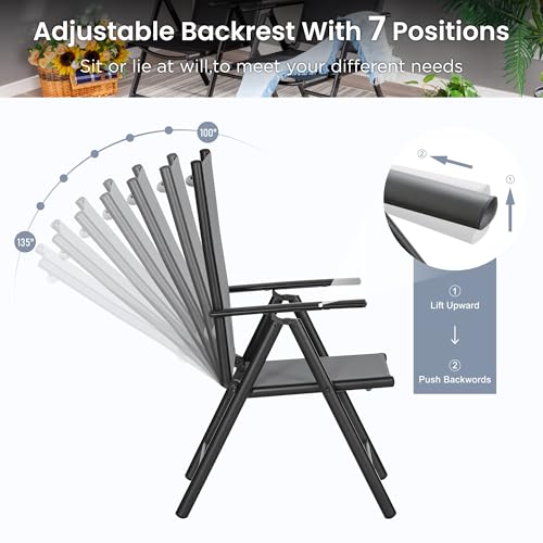 PHI VILLA 5 Piece Outdoor Patio Dining Set, 42 Inch Round Patio Table Set with 4 Adjustable High Back Folding Patio Sling Chairs, Grey - color: Grey, size: 5 Piece Round