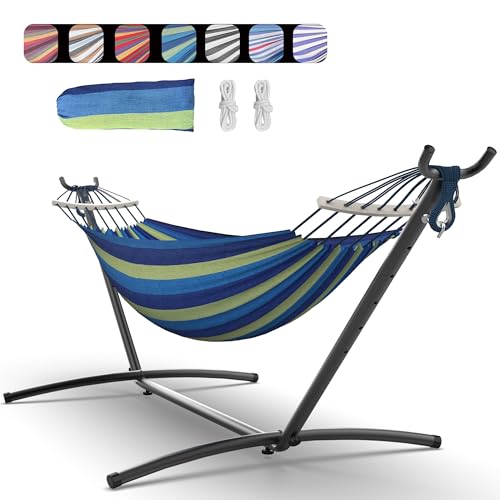 Everyfun Double Hammock with Space-Saving Steel Stand, 2 Person Heavy-Duty Hammock for Garden, Yard or Outdoor, 600lbs Capacity, Wide Blue - color: Wide Blue