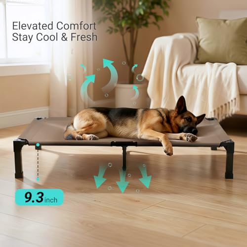 Niubya Elevated Outdoor Dog Bed, Cooling Elevated Pet Cot, Steel-Framed and Non-Slip Feet, Raised Dog Bed with Waterproof, Washable, Breathable Teslin Mesh, 60in - color: Brown, size: 60"L x 36"W x 9.4"H