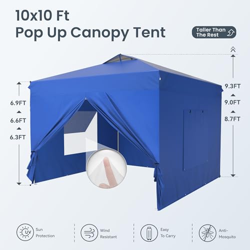 PHI VILLA 10x10 Pop Up Canopy Tent with Sidewalls - Easy Up Tent with Mesh Windows for Ventilation, Waterproof Design - Ideal for Parties, Beach, and Outdoor Events (Blue) - color: Blue, size: 10x10 with 4 Sidewalls