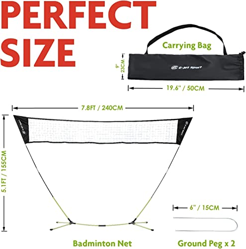 E-Jet Badminton Net, Portable & Instant Setup (Tool Free Assembly) - Backyard Fun, Beach Park Picnic Outdoor Games, Green, 5.1 x 7.8Ft (EOB726402021)