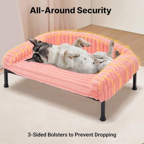 Veehoo Elevated Dog Bed with Bolster Cushion, Fluffy Plush Dog Couch Beds for Small Dogs, Cats, Washable Raised Pet Cot with Non-Slip Feet for Indoor or Patios Use, 30 x 20 Inches, Pink - color: Pink, size: 30.0"L x 20.0"W x 8.3"Th