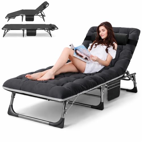 ABORON Heavy Duty Tanning Chair,Outdoor 5-Position Folding Chaise Lounge Chair with Pad,Portable Beach Lounge Chair for Outdoor Sunbathing Patio Pool Lawn Deck Poolside - color: Deep Black, style: Lounge Chair