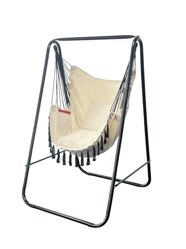 Hammock Chair with Stand,Heavy-Duty Hammock Stand with Large Indoor Swing,MAX Load 500 LBS,Hanging Chair with Stand for Indoor Outdoor,Swing Chair with 2 Cushions Included(Beige) - color: Beige