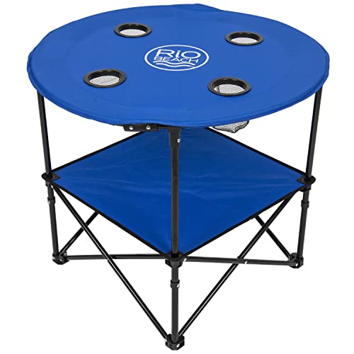 Rio Brands 28" Round Lightweight Fabric Portable Folding Beach Table with Cupholders, Blue