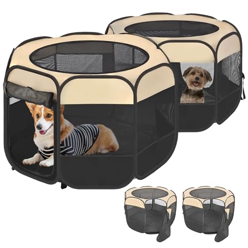2-in-1 Pop Up Cat Playpen, Detachable into 2 Separate Pens, Assembly-Free Portable Puppy House Collapsible Dog Crates Pet Pen Tent Kennel Kitten Enclosure Cage Indoor Outdoor Foldable(M) - color: Beige, size: M, 71"L x 34"W x 24.1"H
