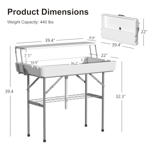 Ice Cooler Table with Drain, Two-Tier Plastic Folding Tables, with Removable Matching Skirt and Shelf, Indoor Outdoor Use for Party Camping Picnic Fishing Cleaning, 440 lbs Capacity - style: Fish cleaning ice table two tier