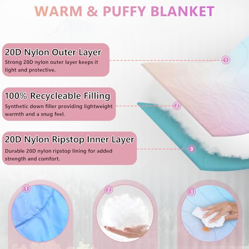 Camping Blanket,Waterproof Lightweight Puffy Camping Outdoor Blankets Packable Picnic Blanket Top Quilt for Sleeping Travel Stadium Hiking Cold Weather 55"x78.8" - color: Rainbow Gradient Blanket