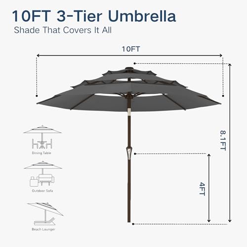 10FT Patio Umbrella 3 Tiers Outdoor Market Umbrella w/Push Button Tilt, Crank, UV and Waterproof Table Umbrella for Garden, Pool, Backyard, Deck, Lawn, Grey - color: Grey