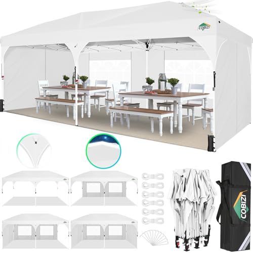 COBIZI 10x20 Pop up Canopy Tent with 4 Sidewalls Outdoor Canopy Tent for Party with Push Center Lock & Air Vent, 2000mm+Waterproof Gazebo Canopy UPF 50+with 4 Sandbags,12 Stakes & 6 Ropes,White - color: White, size: 10x20ft With 4 Sidewalls