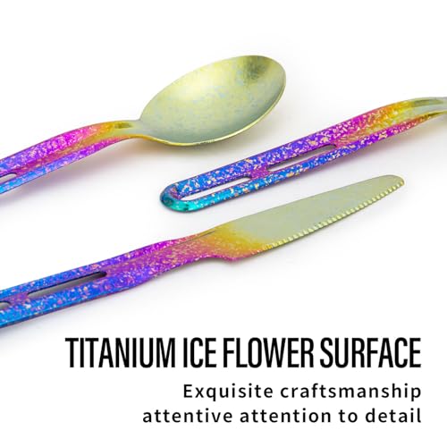 TiTo Titanium 3 Piece Cutlery Set, Ultralight Portabale Titanium Fork Spoon & Knife Tableware for Outdoor Camping Hiking Backpacking Travel Picnic Flatware with Titanium Carabiner (Blue Colorful) - color: Blue Colorful
