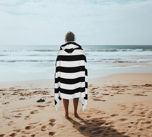 COTTON CRAFT Hooded Beach Towel – Oversized 39 x 68 Towel with Hood for Adults - 100% Ringspun Cotton Velour Terry Towel - 450 GSM Super Soft Plush Absorbent Quick Dry Bath Wrap – Cabana Stripe Black - color: Cabana Stripe - Black, size: 1 Pack - 39x68 Ho