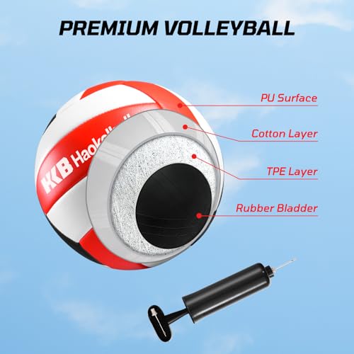 Haokelball Outdoor Volleyball Net Set for Backyard, 32FT Regulation, 3-Level Adjustable Height & Anti-Sag Tension System, Heavy Duty Thick Poles, Includes Volleyball, Pump, Boundary Line and Carry Bag - color: B-Red