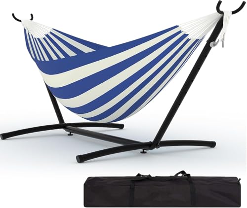 TrailBlaze Double Hammock with Stand, Heavy Duty Portable Steel Hammock Set for Outdoor and Indoor Use, 500lb Capacity, Includes Carrying Bag, Space Saving Design,Quick Assembly - color: Blue and White Stripes