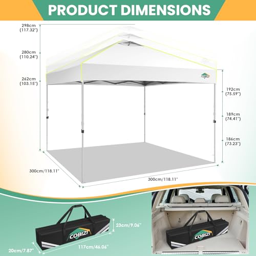 COBIZI 10x10 Pop Up Canopy Tent, Outdoor Party Tent Without Sidewall One Push Setup Glow, 3 Adjustable Height Air Vent Waterproof UPF50+, Bag, 4 Sandbag, 8 Stake, 4 Rope for Beach, Commercial - color: White, size: 10x10