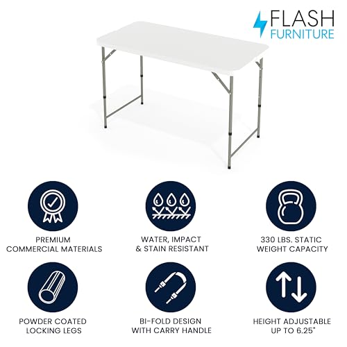 Flash Furniture 4' Rectangular Plastic Folding Event Table with Adjustable Legs and Carrying Handle, Bi-Fold Portable Banquet Table for Indoor/Outdoor Events, White