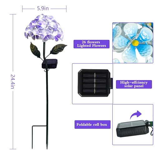 Solar Hydrangea w/26 LEDs, Metal Ground Stake, 3 Colors, Outdoor Flower Stake Decorations (Purple) - color: Purple