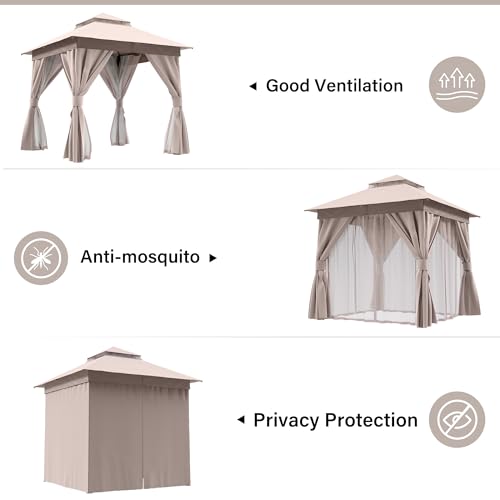 LAUSAINT HOME Gazebo 8x8ft, Heavy Duty Patio Gazebo with Expansion Bolts, Party Canopy Tent with Double Roofs, Mosquito Nettings and Privacy Screens for Backyard, Garden, Lawn, Khaki - color: Khaki, size: 8'x8'
