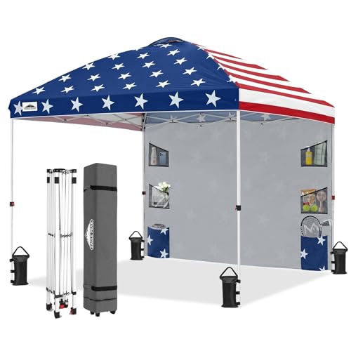 EAGLE PEAK Commercial Canopy 10x10 with Sidewall Storage, Easy OnePerson Setup Pop Up Canopy Tent with Roller Bag, Stakes, Ropes, and Weight Bags, American Flag - color: American Flag