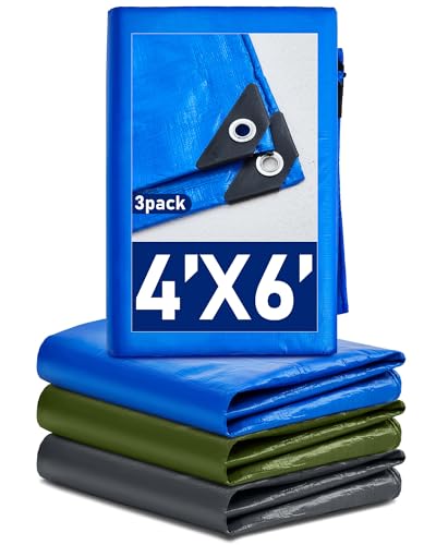 SmoothNovelty 3 Pcs Large Waterproof Tarp 4 x 6 ft Heavy Duty 5.5 Mil Thick Poly Tarpaulin with Grommets Multipurpose Protective Cover for Summer Home Boats Cars Camping RV Pool Tent - color: Green,blue,silver, size: 4 X 6 Ft