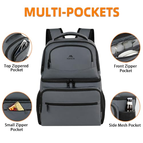 MATEIN Cooler Backpack, 26 Cans Insulated Lunch Backpack for Men Women, Leakproof Double Layer Lunch Cooler Bag Lightweight Soft Lunch Backpack with Cooler Compartment, Beach Camping Hiking Beer Gifts - color: Austere Grey, size: 40 Cans