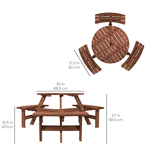 Best Choice Products 6-Person Circular Outdoor Wooden Picnic Table for Patio, Backyard, Garden, DIY w/ 3 Built-in Benches, 500lb Capacity - Walnut Brown - color: Walnut Brown