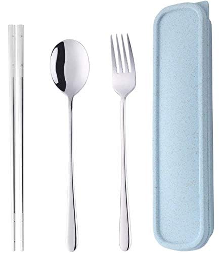 Portable Travel Flatware 3PCS Spoon Fork Chopsticks Set 18/10 Stainless Steel with Case and Bag for School Work Office lunch (Silver) - color: silver-1