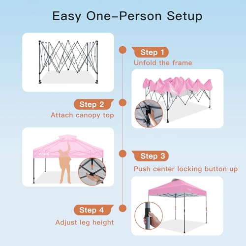 Amada 10x10 Pop Up Canopy Tent, 1-Button Push Easy-up Outdoor Canopy Beach Tent with 3-Height Adjustable Waterproof Shade Shelter, Wheeled STO-N-Go Bag 8 Stakes, 4 SandBags (Pink) - color: Pink, size: 10x10ft