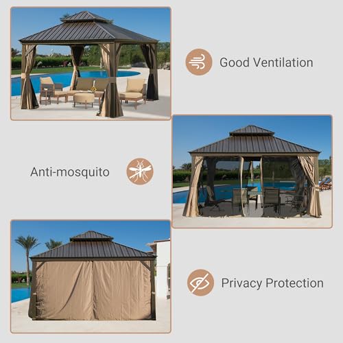 Domi 12' X 12' Hardtop Gazebo, Upgraded Metal Gazebo with Drainage System, Dual-Layer Galvanized Steel Roof, Curtain and Netting, Outdoor Shelter Canopy for Patio, Garden, and Backyard, Brown - color: Brown, size: 12'x12'/w gutter