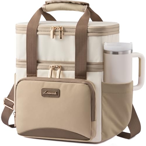 LOVEVOOK Insulated Lunch Bag For Women Men,Expandable Double Deck Lunch Box With Large Cup Holder,Leakproof Cooler Bag For Adult Lunch Tote Bag Work Picnic Beach with Adjustable Shoulder Strap Gift - color: Off White with Khaki, size: Large —15l
