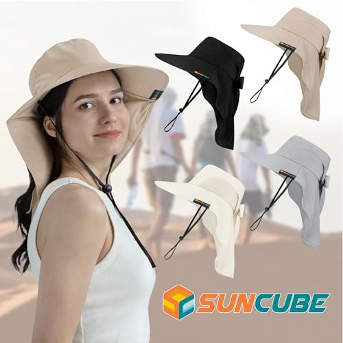 SUN CUBE Wide Brim Sun Hat with Neck Flap, UPF50+ Hiking Safari Fishing Hat for Men Women, Sun Protection Beach Hat - color: Beige With Bow