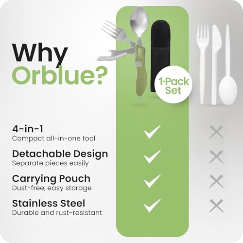 Orblue 4-in-1 Camping Utensils, 1-Pack, Portable Stainless Steel Spoon, Fork, Knife & Bottle Opener Combo Set - Travel, Backpacking Cutlery Multitool Olive Green - color: 1-PACK Olive Green