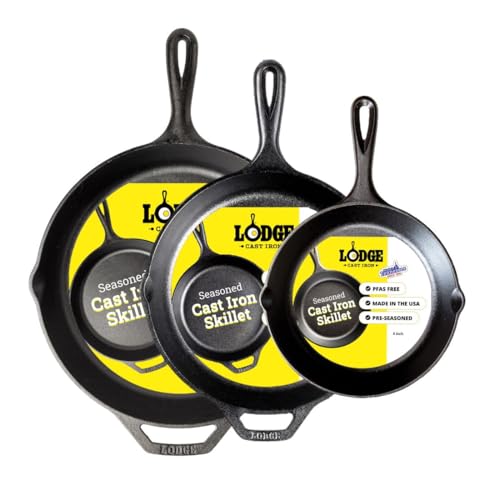 Lodge Seasoned Cast Iron Skillet Set 8, 10.25 & 12 Inches - PFAS-Free, Non-Toxic Cookware - Use with an Oven, Stove, Grill, or Campfire - Naturally Non-Stick & Oven Safe - size: 8 Inch, 10.25 Inch, 12 Inch (3 Count Set)