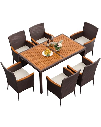 Flamaker 7 Piece Patio Dining Set Outdoor Acacia Wood Table and Chairs with Soft Cushions Wicker Patio Furniture for Deck, Backyard, Garden (Brown) - color: Brown, size: 7 Piece