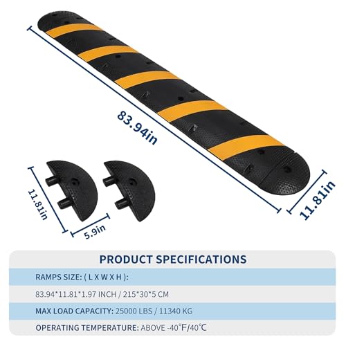 6FT (72") Rubber Speed Bump, 2-Channel Cable Protector Ramp, 1 Set (1 Bump + 2 End Caps), Heavy Duty Industrial Grade for Driveway, Parking Lot, Road