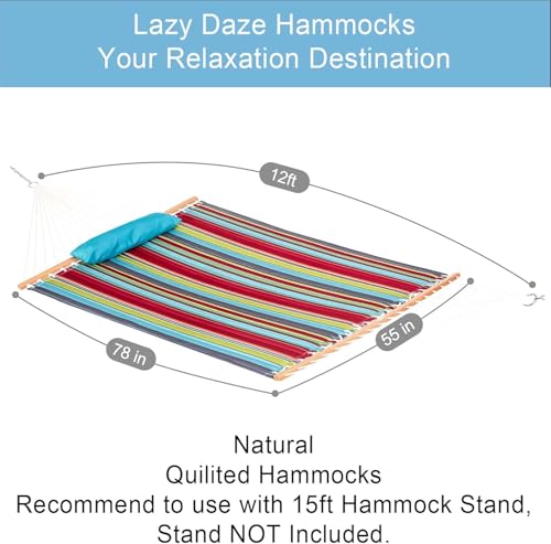 Lazy Daze Hammocks 12 FT Quilted Fabric Double Hammock with Spreader Bars and Detachable Pillow, 450lbs Weight Capacity - color: Blue&red Stripes