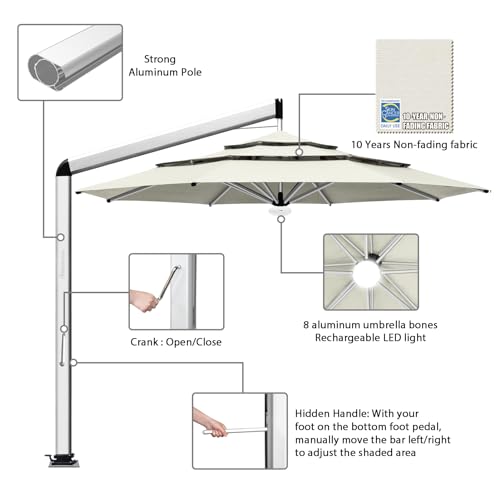 EliteShade USA Atlas 3-Tier 11FT Full Aluminum Cantilever Patio Umbrella for Outdoor Restaurant Garden Courtyard Deck Pool and Marketing with Light (No battery), Natural - color: Natural, style: 11FT Atlas