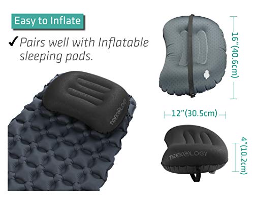 TREKOLOGY Ultralight Inflatable Camping Travel Pillow - ALUFT 2.0 Compressible, Compact, Comfortable, Ergonomic Inflating Pillows for Neck & Lumbar Support While Camp, Hiking, Backpacking - color: Black