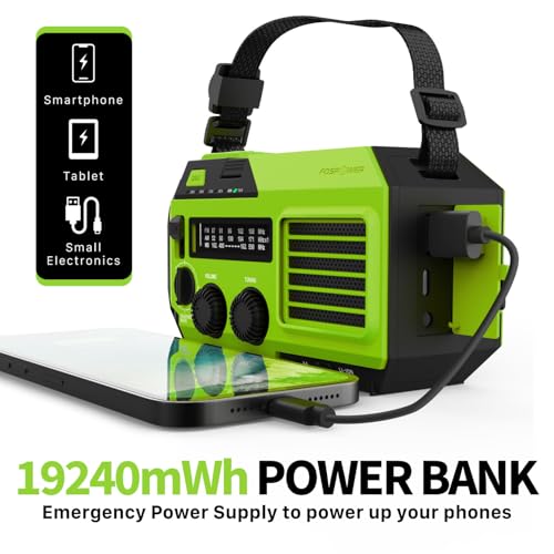 FosPower NOAA Emergency Weather Radio A6 19240mWh Portable Power Bank, AM/FM, USB/Solar/Hand Crank Charging, Battery Operated, SOS Alarm & Flashlight for Indoor/Outdoor Emergency - Green - color: 06 - Model A6 - Green