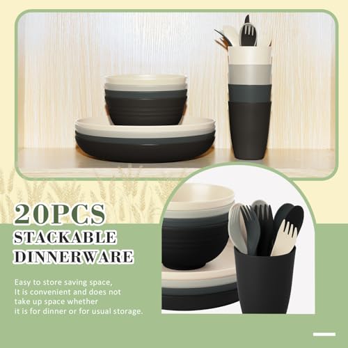 Wrova Wheat Straw Dinnerware Sets for 4, 20-Piece Reusable Kids Plates and Bowls Sets with Flatwares, Unbreakable Bowls and Plates Sets with Cups, Microwave Safe Dishes Set for Kitchen. Black & Grey - color: Black to Grey, size: 20 Pack