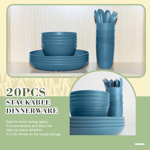Wrova Wheat Straw Dinnerware Sets of 20,Dishwasher Safe Kitchen Plates and Bowls Sets,Camping Dishes Sets Contains Dinner Plates,Cereal Bowls,Drinking Cups and Flatware.(Blue) - color: Navy Blue, size: 20 Pack