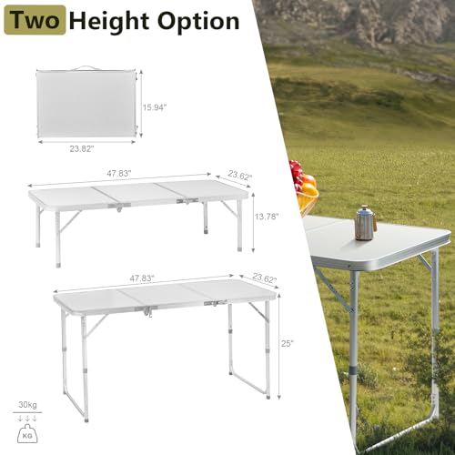 4.0 Ft Folding Portable Camping Table, Adjustable Height, Outdoor Waterproof Aluminum Lightweight Suitcase Table for Picnic, BBQ, Beach, Dining - color: White, size: 4 Ft