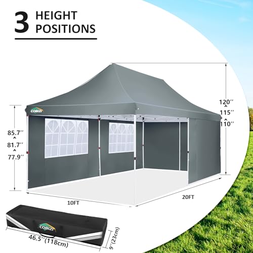 COBIZI 10x20 Pop Up Canopy with 4 Sidewalls, Conical Party Tent 10x20 with 3 Adjustable Height Waterproof, UV-Resistant EZ Outdoor Gazebo with Carry Bag, Sandbag, Stake, Rope for Parties, Commercial - color: Gray, size: 10x20FT with 4 sidewalls