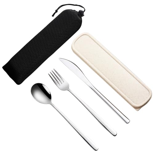 VANRA 3-Piece Portable Travel Utensils Set with Case 18/8 Stainless Steel Flatware Set Reusable Cutlery Set with Fork Spoon Knife for Lunch Travel Camping School Work Picnic (Silver) - color: Silver, size: Fork Spoon Knife