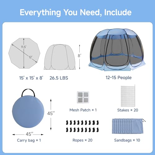 Alvantor 15'x15' Pop Up Screen House Tent, Instant Outdoor Gazebo with Mosquito Netting & UPF 50+ Sun Protection, Portable Canopy Shelter for Patio, Backyard, Camping (12-15 Person),Charcoal Gray - color: Charcoal Gray, size: 15'x15'