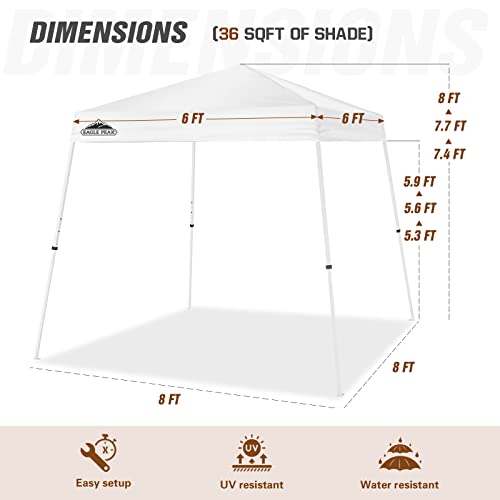 EAGLE PEAK 8x8 Slant Leg Pop-up Canopy Tent Easy One Person Setup Instant Outdoor Beach Canopy Folding Portable Sports Shelter 8x8 Base 6x6 Top (White) - color: White, size: 8x8