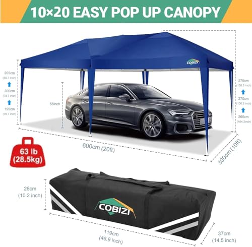 COBIZI Canopy 10x20 Pop Up Canopy with 4 Sidewalls Easy Pop Up Tent 10x20 Waterproof Commercial Instant Shelter UPF 50+ Portable Gazebo Wedding Tents for Parties Carport Events(Dark Blue - color: Navy Blue, size: 10x20FT with 6 sidewalls