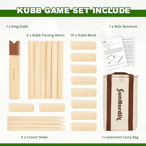 SunNordik Kubb Yard Game Set, Giant Viking Chess Outdoor Tossing Game with Carry Bag, Rubber Wood Backyard Lawn Game for Kids & Beginner - color: Classic