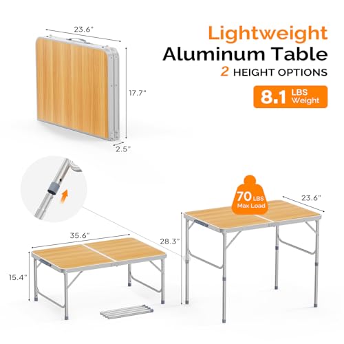 VINGLI 3FT Small Camping Table Adjustable Height Aluminum Folding Table for Picnic Party BBQ, Plastic RV Suitcase Table Portable Lightweight Fold Up Utility Outdoor Tables with Carrying Handle … - color: Natural, size: 3ft