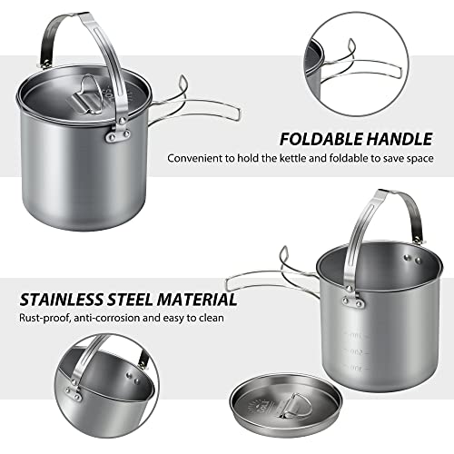 Lixada 5PCS Camping Cookware Set Stainless Steel 1.2L Camping Pot with 2 Cups & 2 Bowls, Lightweight Portable Backpacking Pot with Foldable Handles & Lid for Outdoor Cooking Hiking Picnic